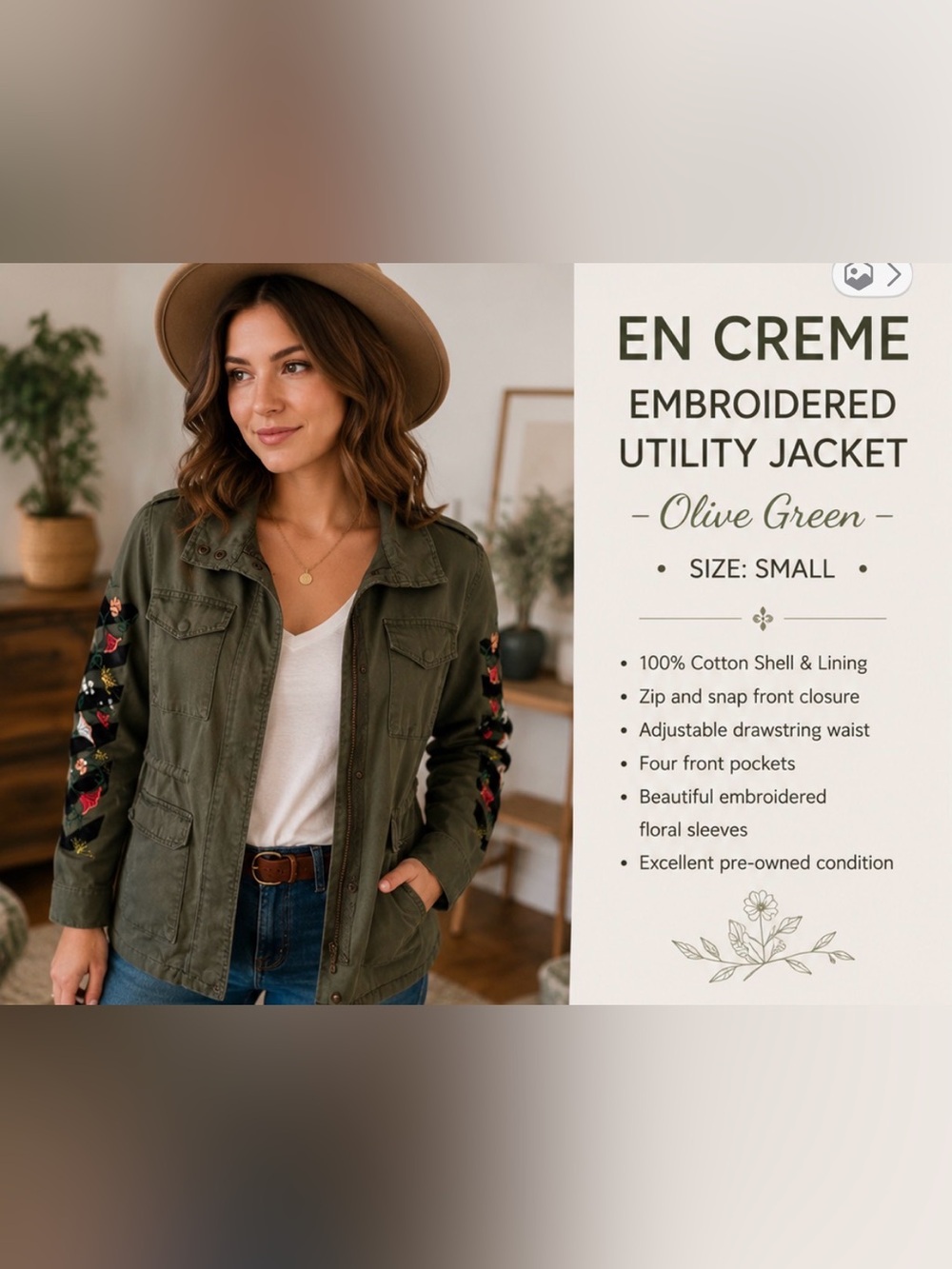 En Creme Embroidered Utility Military Jacket Olive Green Floral Sleeve Cotton